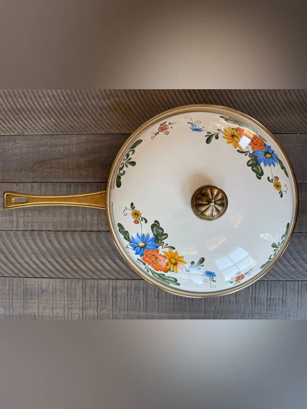 Vintage Villeroy & Boch Floral Farmhouse Enamel Covered Skillet W/Brass Handle